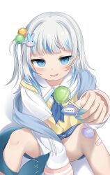 Rule 34 | 1girl, absurdres, blue eyes, blue hair, blue neckerchief, blue skirt, blush, candy, fins, fish tail, food, gawr gura, gawr gura (school uniform), highres, holding, holding candy, holding food, holding lollipop, hololive, hololive english, lollipop, long sleeves, looking at viewer, miniskirt, multicolored hair, neckerchief, official alternate costume, open mouth, school uniform, shark girl, shark tail, sharp teeth, shirt, sitting, skirt, snmdx, streaked hair, tail, teeth, vest, virtual youtuber, white hair, white shirt, yellow vest
