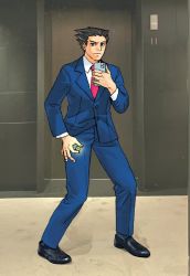 Rule 34 | 1boy, ace attorney, black eyes, black footwear, black hair, blue jacket, blue pants, cellphone, circle game, closed mouth, collared shirt, door, forehead, formal, full body, godzillapigeon1, hand up, high-quality human male (meme), highres, holding, indoors, iphone, jacket, long sleeves, looking at viewer, male focus, matching hair/eyes, meme, necktie, pants, phoenix wright, phone, photo-referenced, photo background, pin, red necktie, selfie, shirt, shoes, short hair, smartphone, solo, spiked hair, standing, suit, v-shaped eyebrows, white shirt
