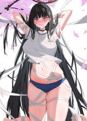 Rule 34 | 1girl, arms up, black hair, blue archive, blue panties, blush, branch, cherry blossoms, full-face blush, hair in own mouth, hairband, halo, highres, leaf, long hair, looking at viewer, navel, nenight, panties, red eyes, rio (blue archive), shirt, short sleeves, solo, tree, underwear, very long hair, white background, white shirt