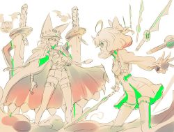 Rule 34 | 2girls, battle, bow, cape, commentary request, dress, floating sword, freckles, frown, green eyes, guilty gear, guilty gear xrd, hair bow, hat, iesupa, multiple girls, penny polendina, ramlethal valentine, rwby, short hair, shorts, smile, thigh strap, thighhighs, yellow eyes
