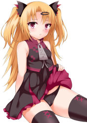 Rule 34 | 1girl, akatsuki uni, bare shoulders, black dress, black panties, black shirt, black thighhighs, blonde hair, blush, breasts, cameltoe, clothes lift, commentary request, dress, dress lift, hair ornament, hairclip, lifted by self, long hair, panties, parted bangs, pleated dress, purple eyes, shirt, sitting, sleeveless, sleeveless dress, sleeveless shirt, small breasts, solo, thighhighs, toshishikisai, two side up, underwear, uni create, very long hair, virtual youtuber