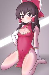 Rule 34 | blush, bow, brown hair, china dress, chinese clothes, dress, feet, gloves, grey background, hair bow, hair ornament, hakurei reimu, highres, looking at viewer, navel, no panties, nuclear cake, outline, pulled by self, pulling, red bow, red eyes, simple background, sitting, solo, sweatdrop, thighs, touhou