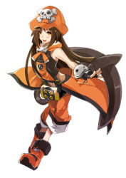 Rule 34 | 1girl, anchor, arc system works, bad id, bad pixiv id, bare shoulders, belt, boots, brown hair, fingerless gloves, full body, gloves, guilty gear, guilty gear xrd, hat, hyakuhachi (over3), long hair, may (guilty gear), orange eyes, orange hat, orange shirt, pirate hat, shirt, solo, white background