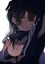 Rule 34 | 1girl, absurdres, arm up, bikini, black bikini, black hair, breasts, brown eyes, collar, commentary request, diving suit, dry suit, ear piercing, girls&#039; frontline, girls&#039; frontline neural cloud, glowing, glowing eyes, hair between eyes, hair ornament, hairclip, hatsuchiri (neural cloud), highres, jewelry, key, key necklace, looking at viewer, medium breasts, metal collar, mole, mole on breast, mole under eye, necklace, open clothes, piercing, ryunosuke nikaido, simple background, solo, swimsuit, upper body, wet, wet hair, white background