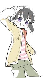 Rule 34 | 1girl, arm up, black hair, blush stickers, brown jacket, brown pants, commission, grin, hair between eyes, highres, jacket, kibisake, kuraue hinata, long sleeves, looking at viewer, open clothes, open jacket, pants, puffy long sleeves, puffy sleeves, purple eyes, shirt, simple background, skeb commission, sleeves past wrists, smile, solo, striped clothes, striped shirt, twintails, white background, yama no susume
