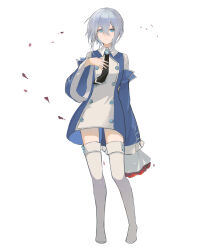 Rule 34 | 1girl, absurdres, black necktie, blue eyes, boots, bouquet, detached sleeves, echo (pandora hearts), flower, full body, grey hair, hand on own chest, highres, long shirt, looking at viewer, necktie, pandora hearts, petals, red flower, red rose, rose, short hair, simple background, sleeves past fingers, sleeves past wrists, solo, standing, thigh boots, white background, white footwear, wide sleeves, xiuning233