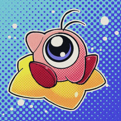 Rule 34 | blue eyes, byackopath (artist), commentary, fusion, kirby, kirby (series), nintendo, one-eyed, patterned background, sitting, solo, waddle doo, warp star