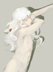 Rule 34 | 1boy, aizheajsee, arms up, berserk, closed eyes, closed mouth, griffith (berserk), highres, jewelry, long hair, male focus, nipples, nude, pendant, shadow, simple background, solo, white hair