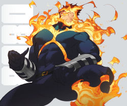 Rule 34 | 1boy, bara, beard, blue bodysuit, blue eyes, bodysuit, boku no hero academia, bulge, covered abs, covered navel, facial hair, feet out of frame, fire, fukurau, gloves, greyscale, highres, large pectorals, looking to the side, male focus, mature male, monochrome, muscular, muscular male, navel, pectorals, red hair, short hair, sideburns, skin tight, solo, spiked hair, spread legs, superhero costume, thick thighs, thighs, endeavor (boku no hero academia)