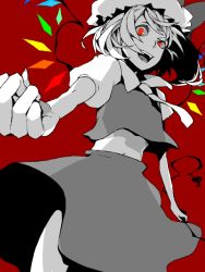 Rule 34 | 1girl, ann606, female focus, flandre scarlet, foreshortening, from below, hat, laevatein, looking down, midriff, monochrome, navel, open mouth, partially colored, red background, red eyes, short hair, solo, spot color, tegaki, touhou, wings