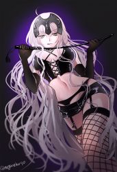 Rule 34 | 1girl, :q, alternate costume, black gloves, black skirt, breasts, cleavage, dominatrix, elbow gloves, fate/grand order, fate (series), fishnet thighhighs, fishnets, garter belt, gloves, groin, headpiece, jeanne d&#039;arc (fate), jeanne d&#039;arc alter (avenger) (fate), jeanne d&#039;arc alter (fate), large breasts, licking lips, long hair, looking at viewer, microskirt, omizu (omz), riding crop, ruler (fate/grand order), skin tight, skirt, solo, thighhighs, tongue, tongue out, twitter username, very long hair, whip, white hair, yellow eyes