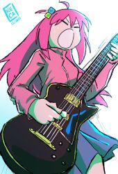 Rule 34 | 1girl, bocchi the rock!, closed eyes, cube hair ornament, dated, electric guitar, gibson les paul, gotoh hitori, guitar, hair ornament, highres, holding, holding instrument, instrument, jacket, kiecaburn, long hair, long sleeves, music, one side up, open mouth, pink hair, pink jacket, playing instrument, pleated skirt, signature, skirt, solo, track jacket