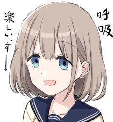 Rule 34 | 1girl, :d, blue eyes, blue sailor collar, collarbone, commentary request, earrings, engiyoshi, hair between eyes, idolmaster, idolmaster shiny colors, jewelry, light brown hair, open mouth, portrait, sailor collar, serizawa asahi, simple background, smile, solo, translation request, white background