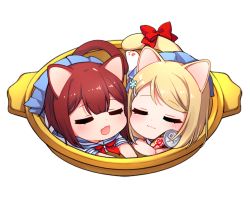 Rule 34 | 10s, 2girls, :3, animal ears, animal hands, ayase alisa, blonde hair, bow, can, cat ears, cat tail, chibi, drink can, hair between eyes, hair ornament, hairclip, in container, kemonomimi mode, kosaka yukiho, long hair, love live!, love live! school idol project, multiple girls, neko nabe, ng (kimjae737), pleated skirt, red hair, red ribbon, ribbon, sailor collar, school uniform, serafuku, short hair, simple background, skirt, soda can, swept bangs, tail, tail bow, tail ornament, white background
