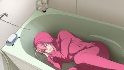Rule 34 | 1girl, bathroom, bathtub, bocchi the rock!, breasts, cube hair ornament, gotoh hitori, hair ornament, hair over eyes, highres, jacket, long hair, lying, medium breasts, on side, one side up, open mouth, pants, pink hair, pink jacket, pink pants, sinensian, soap, solo, track jacket, track pants, tvfilthyfrank, wavy mouth