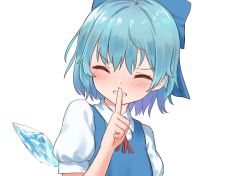 Rule 34 | 1girl, ^ ^, blue dress, blue hair, blush, cirno, clenched teeth, closed eyes, commentary request, dress, facing viewer, finger to mouth, hair between eyes, hand up, ice, ice wings, index finger raised, neck ribbon, pinafore dress, puffy short sleeves, puffy sleeves, red ribbon, ribbon, roke (taikodon), shirt, short hair, short sleeves, simple background, sleeveless dress, solo, teeth, touhou, upper body, white background, white shirt, wings