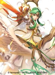 Rule 34 | 1girl, aozi seizi, armor, brown eyes, cape, copyright name, elbow gloves, elincia ridell crimea, feathers, fire emblem, fire emblem: path of radiance, fire emblem cipher, gloves, green hair, hair bun, hair up, holding, holding weapon, image sample, nintendo, official art, pauldrons, pegasus, pegasus knight uniform (fire emblem), shoulder armor, solo, sword, tiara, weapon, wings
