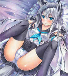 Rule 34 | 1girl, animal ears, azur lane, bad id, bad pixiv id, bed sheet, black gloves, black sailor collar, black skirt, black thighhighs, blue eyes, blue neckwear, blue ribbon, blush, closed mouth, clothes lift, collarbone, detached sleeves, embarrassed, fox ears, fox tail, from above, gloves, hair between eyes, half gloves, kawakaze (azur lane), long hair, long sleeves, looking at viewer, lying, miniskirt, on back, panties, pastel (medium), pillow, pleated skirt, ribbon, ribbon-trimmed sleeves, ribbon trim, sailor collar, shirt, silver hair, skirt, skirt lift, sleeveless, sleeveless shirt, solo, tail, thighhighs, underwear, very long hair, white panties, white shirt, white sleeves, wide sleeves, wolf ears, yuto takumi