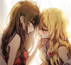 Rule 34 | 2girls, bare shoulders, blonde hair, blush, bow, breasts, brown eyes, brown hair, commentary, curtains, dress, from side, hair bow, hair tubes, hakurei reimu, hand up, indoors, kirisame marisa, long hair, looking at another, multiple girls, no headwear, off shoulder, open clothes, open mouth, open shirt, piyokichi, profile, red bow, red dress, shirt, sidelocks, small breasts, touhou, upper body, white shirt, yuri
