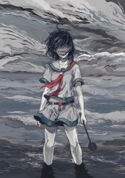 Rule 34 | 1girl, black hair, cloud, cloudy sky, collarbone, covered face, faceless, grey shirt, grey skirt, highres, holding, holding weapon, murasa minamitsu, ocean, red sailor collar, sailor collar, shirt, short hair, short sleeves, skirt, sky, solo, touhou, ue toono (atano), wading, water, waves, weapon