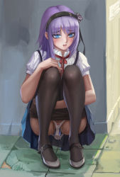 Rule 34 | 10s, 1girl, blue eyes, blush, bow, bow panties, clothes pull, dagashi kashi, dildo, dildo under panties, female masturbation, full body, highres, hugging own legs, lalan fengchu, looking at viewer, mary janes, masturbation, panties, pantyhose, pantyhose pull, purple hair, pussy, pussy juice, sex toy, shidare hotaru, shoes, skirt, solo, squatting, underwear, vaginal, vibrator, vibrator under clothes, vibrator under panties, white panties