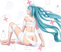 Rule 34 | 00s, 1girl, :d, ass, backboob, bandages, barefoot, blue eyes, blue hair, breasts, butt crack, floating hair, hatsune miku, highres, koba (furikake-p), long hair, medium breasts, naked bandage, open mouth, profile, shirt, sideboob, smile, solo, tied shirt, twintails, very long hair, vocaloid, white background