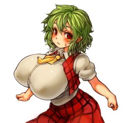 Rule 34 | 1girl, before and after, belly, breasts, female focus, green hair, huge breasts, kazami yuuka, looking at viewer, perky breasts, plaid, plaid vest, plump, red eyes, sachito, skirt, solo, touhou, vest