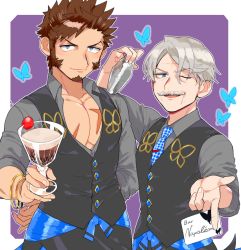 Rule 34 | 2boys, alternate costume, alternate hairstyle, beard, blue butterfly, blue eyes, brown hair, bug, butterfly, cocktail shaker, facial hair, fate/grand order, fate (series), food, ice cream, insect, james moriarty (archer) (fate), james moriarty (gray collar) (fate), long sideburns, long sleeves, looking at viewer, male focus, multiple boys, muscular, napoleon bonaparte (fate), necktie, pants, pectorals, scar, shitappa, sideburns, simple background, smile, uniform