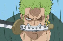 Rule 34 | 1boy, angry, blue background, brown eyes, collarbone, drop earrings, earrings, film grain, forehead, furrowed brow, green hair, green jacket, highres, jacket, jewelry, katana, kurrrto, male focus, mouth hold, multiple earrings, one eye closed, one piece, portrait, roronoa zoro, scar, scar across eye, scar on chest, short hair, sideburns, signature, simple background, solo, speed lines, spiked hair, sword, teeth, veins, weapon