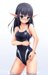 Rule 34 | 1girl, adjusting clothes, adjusting swimsuit, aqua eyes, bare shoulders, black hair, blue eyes, blue one-piece swimsuit, blunt bangs, blush, breasts, competition swimsuit, covered navel, eto, gradient background, green eyes, groin, hand on own stomach, highres, long hair, long pointy ears, looking at viewer, lumia swimwear, md5 mismatch, one-piece swimsuit, phantasy star, phantasy star online 2, pointy ears, resolution mismatch, rupika (pso2), seductive smile, simple background, small breasts, smile, solo, source smaller, standing, swimsuit, wading, water, white background, wiola magica