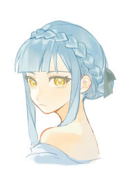 Rule 34 | 1girl, absurdres, alternate hairstyle, bang dream!, bang dream! it&#039;s mygo!!!!!, bare shoulders, black ribbon, blue dress, blue hair, braid, closed mouth, commentary, dress, expressionless, french braid, hair ribbon, hashtag-only commentary, highres, long hair, off-shoulder dress, off shoulder, ribbon, sidelocks, simple background, solo, togawa sakiko, upper body, white background, yellow eyes, zhao yifei