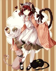Rule 34 | 1girl, alternate costume, animal, animal ears, apron, black footwear, blush stickers, brown dress, cat, cat ears, cat girl, cat tail, chabashira tenko, checkered clothes, checkered scarf, commentary request, danganronpa (series), danganronpa v3: killing harmony, dress, enmaided, food, full body, glass, gomabu (rirurutennsi), grey apron, heart, holding, ice cream, long sleeves, looking at viewer, maid, maid apron, maid headdress, oma kokichi, pantyhose, red hair, ribbon, scarf, shoes, short hair, solo, striped, striped background, tail, tail ornament, tail ribbon, tray, vertical stripes, white pantyhose, wide sleeves, yumeno himiko