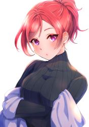 Rule 34 | 1girl, absurdres, blush, closed mouth, crossed arms, highres, kobayashi nyoromichi, long sleeves, looking at viewer, love live!, love live! school idol project, nishikino maki, ponytail, purple eyes, red hair, ribbed sweater, short hair, simple background, solo, sweater, swept bangs, turtleneck, turtleneck sweater, upper body, white background