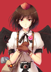 Rule 34 | 1girl, \||/, bad id, bad pixiv id, bag, bird wings, black hair, black wings, brown gloves, cibo (killy), collared shirt, feathered wings, flower, gloves, hat, holding, holding flower, looking at viewer, newspaper, puffy short sleeves, puffy sleeves, red background, red eyes, shameimaru aya, shirt, short hair, short sleeves, shoulder bag, simple background, solo, tokin hat, touhou, upper body, white shirt, wings