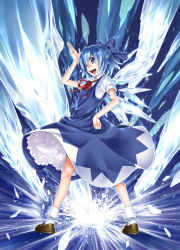 Rule 34 | &gt;:d, 1girl, :d, blue eyes, blue hair, bobby socks, bow, cirno, dress, from behind, hair bow, hand on own hip, ice, kitano tomotoshi, looking back, matching hair/eyes, open mouth, petticoat, short hair, smile, socks, solo, standing, touhou, v-shaped eyebrows, waving, wings