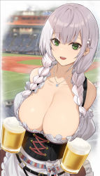 Rule 34 | 1girl, alcohol, apron, bare shoulders, baseball field, beer, beer mug, belt, blurry, blurry background, braid, breast focus, breasts, collarbone, cross-laced clothes, cross-laced dress, cup, detached sleeves, frilled apron, frills, green eyes, hair between eyes, highres, holding, holding cup, hololive, huge breasts, jewelry, kakumayu, looking at viewer, low twintails, mug, necklace, open mouth, photo background, puffy sleeves, ribbon, shirogane noel, shirogane noel (dirndl), solo, stadium, striped ribbon, teeth, twintails, upper body, upper teeth only, virtual youtuber, white apron, white hair