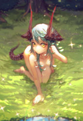 Rule 34 | 1girl, all fours, aqua hair, barefoot, blurry, breasts, censored, closed mouth, collarbone, convenient censoring, day, depth of field, diffraction spikes, dragon girl, dragon horns, dragon tail, closed eyes, frown, full body, gloves, grass, green hair, hair censor, hair over breasts, hanging breasts, holding, holding hair, horns, kitsune n, light particles, long hair, looking at viewer, monster girl, nude, on ground, original, outdoors, reflection, small breasts, solo, tail, tree, water