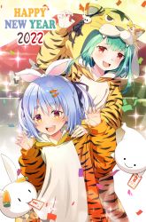 Rule 34 | 2022, 2girls, :d, absurdres, animal costume, animal hood, animal print, arm up, bird, blue hair, chinese zodiac, claw pose, commentary request, confetti, earrings, fandead (uruha rushia), green hair, hand on another&#039;s shoulder, hands up, happy new year, highres, hololive, hood, hood up, hoodie, jewelry, long hair, long sleeves, maru-chan niko, multiple girls, new year, pekomon (usada pekora), open mouth, print hoodie, red eyes, short eyebrows, short hair, skull earrings, smile, thick eyebrows, tiger costume, tiger hood, tiger print, uruha rushia, usada pekora, virtual youtuber, year of the tiger