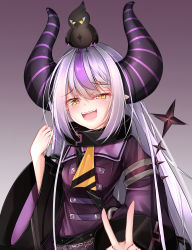 Rule 34 | 1girl, absurdres, black horns, buttons, crow (la+ darknesss), demon girl, demon horns, double-breasted, hair between eyes, highres, hololive, horns, la+ darknesss, long hair, looking at viewer, multicolored hair, pointy ears, purple hair, sera4, silver hair, sleeves past fingers, sleeves past wrists, smirk, smug, solo, straight hair, streaked hair, striped horns, tail, v, virtual youtuber, wide sleeves, yellow eyes