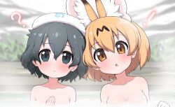 Rule 34 | !, 2girls, :o, ?, animal ear fluff, animal ears, black eyes, black hair, blonde hair, blurry, blurry background, blush, breasts, brown eyes, collarbone, extra ears, hair between eyes, hand on own chest, japari symbol, kaban (kemono friends), kemono friends, looking at viewer, medium breasts, multiple girls, nude, onsen, open mouth, parted lips, partially submerged, ransusan, serval (kemono friends), towel, towel on head, upper body, water