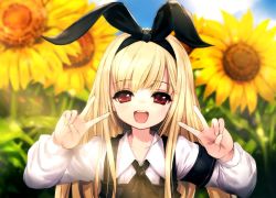 Rule 34 | 1girl, armband, blonde hair, double v, flower, hairband, highres, hitomaru, long hair, looking at viewer, non-web source, open mouth, original, red eyes, smile, solo, sunflower, v