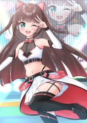 Rule 34 | 1girl, 4kimizuki, absurdres, animal ear headphones, animal ears, belt, belt buckle, black belt, black footwear, black thighhighs, blue eyes, blunt bangs, blush, bow, bowtie, brown hair, buckle, cat ear headphones, collar, concert, crop top, detached sleeves, display, fake animal ears, garter straps, headphones, highleg, highleg panties, highres, hololive, leg up, loafers, long hair, looking at viewer, midriff, miniskirt, multicolored hair, natsuiro matsuri, natsuiro matsuri (re:start), navel, one eye closed, open mouth, outstretched arm, panties, pink bow, pink bowtie, platform footwear, pleated skirt, red hair, round teeth, see-through, shoes, skirt, sleeveless, smile, solo, stage, teeth, thigh strap, thighhighs, two-tone hair, two side up, underbust, underwear, v over eye, virtual youtuber, white skirt