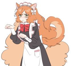 Rule 34 | 1girl, animal ears, apron, black dress, bow, bowtie, cat ears, cat tail, ch isms2, disgust, dress, freckles, frown, hairband, ishmael (project moon), limbus company, long sleeves, looking at viewer, maid, orange hair, paw pose, pocket, project moon, puffy long sleeves, puffy sleeves, red bow, red bowtie, simple background, solo, tail, white apron, white background, white bow, white hairband