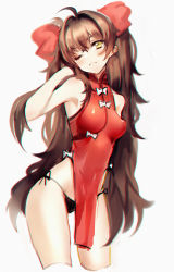 Rule 34 | 1girl, ahoge, armpits, bare hips, bare shoulders, bow, breasts, brown hair, china dress, chinese clothes, chromatic aberration, cowboy shot, dress, frown, girls&#039; frontline, hair intakes, hanaka, hand in own hair, highres, long hair, medium breasts, official alternate costume, one eye closed, panties, pelvic curtain, red dress, side slit, simple background, solo, string panties, type 97 (girls&#039; frontline), type 97 (peony) (girls&#039; frontline), underwear, very long hair, white background, white bow, yellow eyes