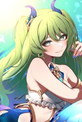 Rule 34 | 1girl, bare shoulders, bikini, bikini top only, blue nails, breasts, commentary request, frilled bikini, frills, green eyes, green hair, hand in own hair, highres, honkai (series), honkai impact 3rd, horns, long hair, looking at viewer, medium breasts, mermaid, mobius (daughter of corals) (honkai impact), mobius (honkai impact), monster girl, nail polish, parted lips, solo, swimsuit, two side up, very long hair, yunomi (yunomi hs)