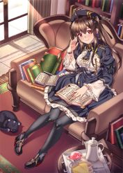 Rule 34 | 1girl, ahoge, anchor earrings, azur lane, bad id, bad pixiv id, beret, black cat, black hair, black pantyhose, book, bookshelf, breasts, brown hair, carpet, cat, collared dress, couch, cup, curtains, day, dress, earrings, framed breasts, frills, full body, hair between eyes, hat, highres, indoors, jewelry, light particles, london (azur lane), london (retrofit) (azur lane), lounge, necktie, open book, pantyhose, purple dress, purple headwear, purple neckwear, red eyes, retrofit (azur lane), shirokuma a, shoes, sidelocks, sitting, smile, tea set, teacup, teapot, two side up, wide sleeves, window, wristband