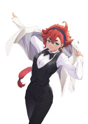 Rule 34 | 1girl, absurdres, ahoge, bow, bowtie, formal, green eyes, groom, gundam, gundam suisei no majo, hairband, highres, jacket, long hair, mian li, pants, ponytail, red hair, simple background, smile, solo, suit, suletta mercury, thick eyebrows, white background