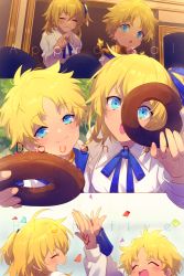 Rule 34 | 1boy, 1girl, ahoge, alternate eye color, alternate hair color, blonde hair, blue eyes, blush, breasts, closed eyes, collared shirt, command spell, confetti, doughnut, dress shirt, echo (circa), fate/grand order, fate/requiem, fate (series), food, fujimaru ritsuka (female), fujimaru ritsuka (female) (anniversary blonde), hair ornament, hair scrunchie, high five, long sleeves, looking at viewer, medium breasts, multiple views, one side up, open mouth, parted bangs, scrunchie, shirt, short hair, smile, voyager (fate), voyager (second ascension) (fate), white shirt