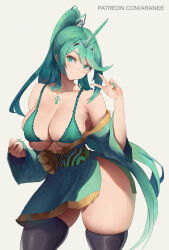 Rule 34 | 1girl, araneesama, bare shoulders, black thighhighs, blush, bra, breasts, chest jewel, cleavage, female focus, frilled bra, frills, green bra, green eyes, green hair, green kimono, green nails, highres, japanese clothes, kimono, large breasts, long hair, long sleeves, looking at viewer, matching hair/eyes, off shoulder, patreon username, pneuma (xenoblade), ponytail, short kimono, skindentation, smile, solo, swept bangs, thick thighs, thighhighs, thighs, tiara, underboob, underwear, v, watermark, web address, wide sleeves, xenoblade chronicles (series), xenoblade chronicles 2