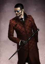 Rule 34 | 1boy, alternate color, bamboo, black gloves, black hair, donquixote pirates, facial hair, formal, gloves, jacket, male focus, necktie, one piece, punk hazard, quilted jacket, short hair, sideburns, signature, solo, suit, sunglasses, vergo, very short hair, wyv1, yvan quinet